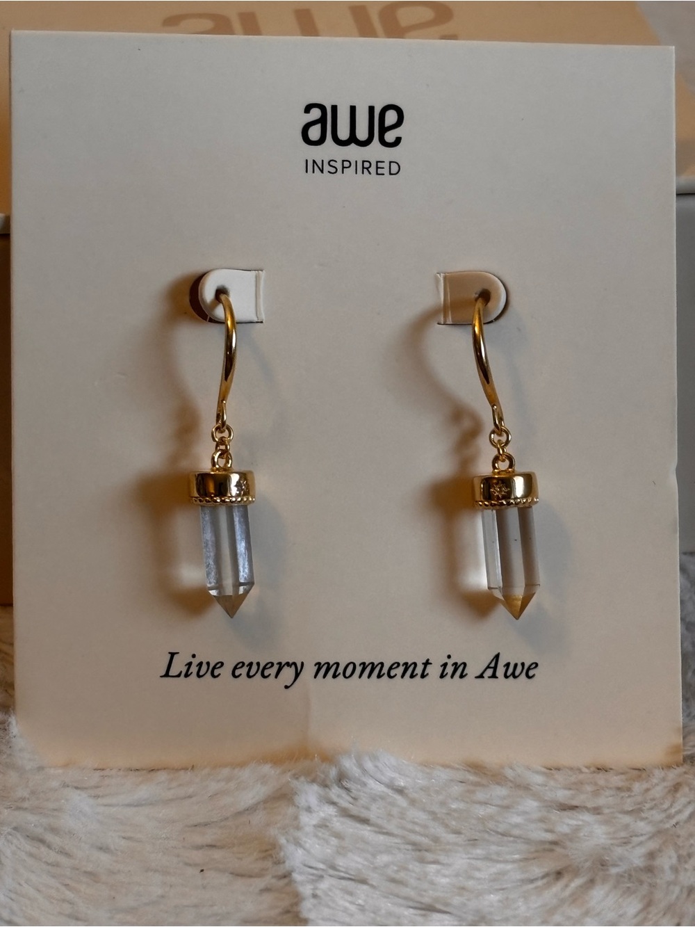 Awe Inspired 24k Gold Clear Crystal Quartz Point Drop Earrings NEW